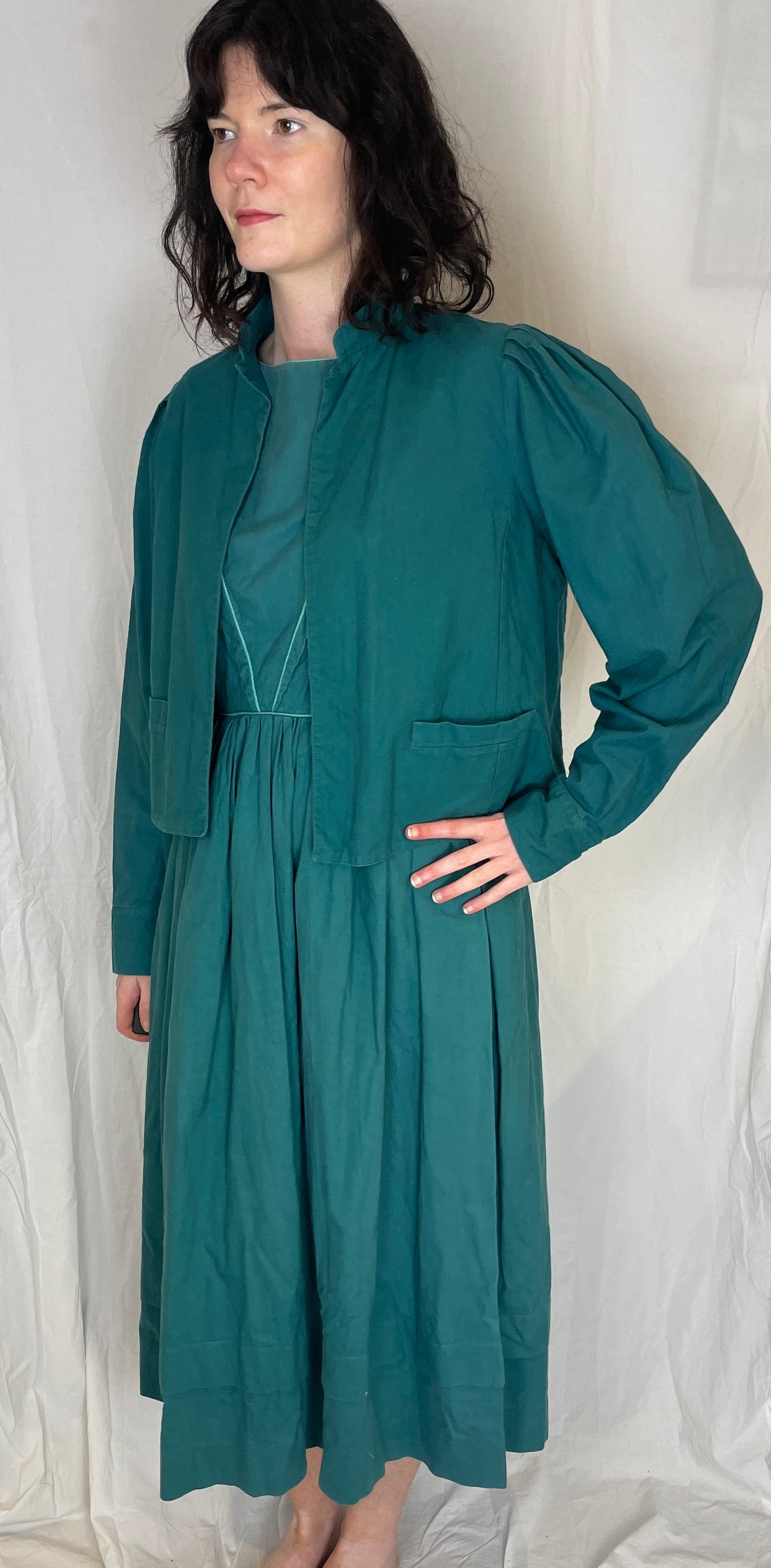Vintage 80s Laura Ashley Green Cotton Midi Dress with Matching Jacket - Up To Size 10