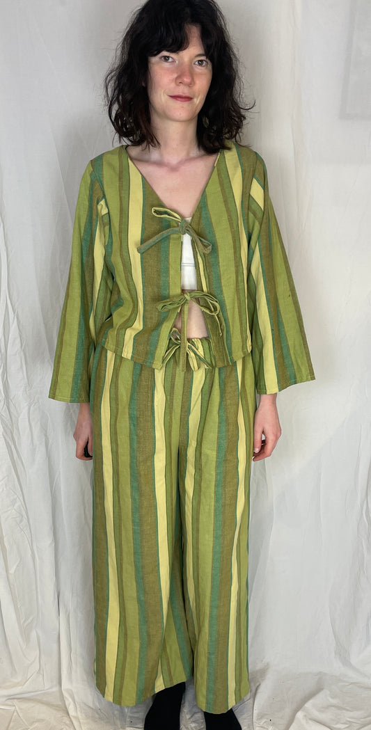 Ella Handmade Green Striped Tie Front Top and Straight Leg Trousers Co-ord - Up To Size 10