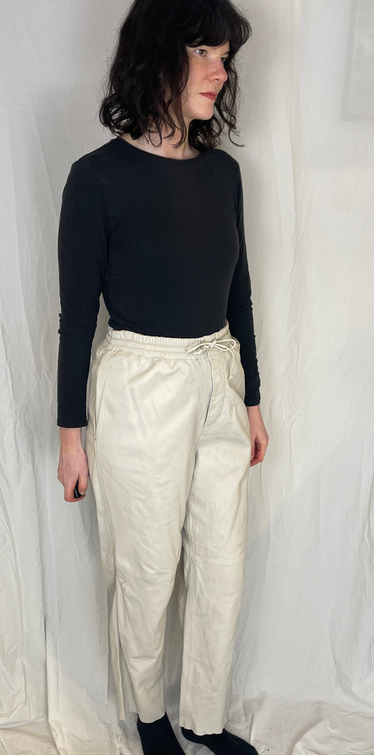 Vintage 80s White Elasticated Straight Leg Leather Trousers - Size 10