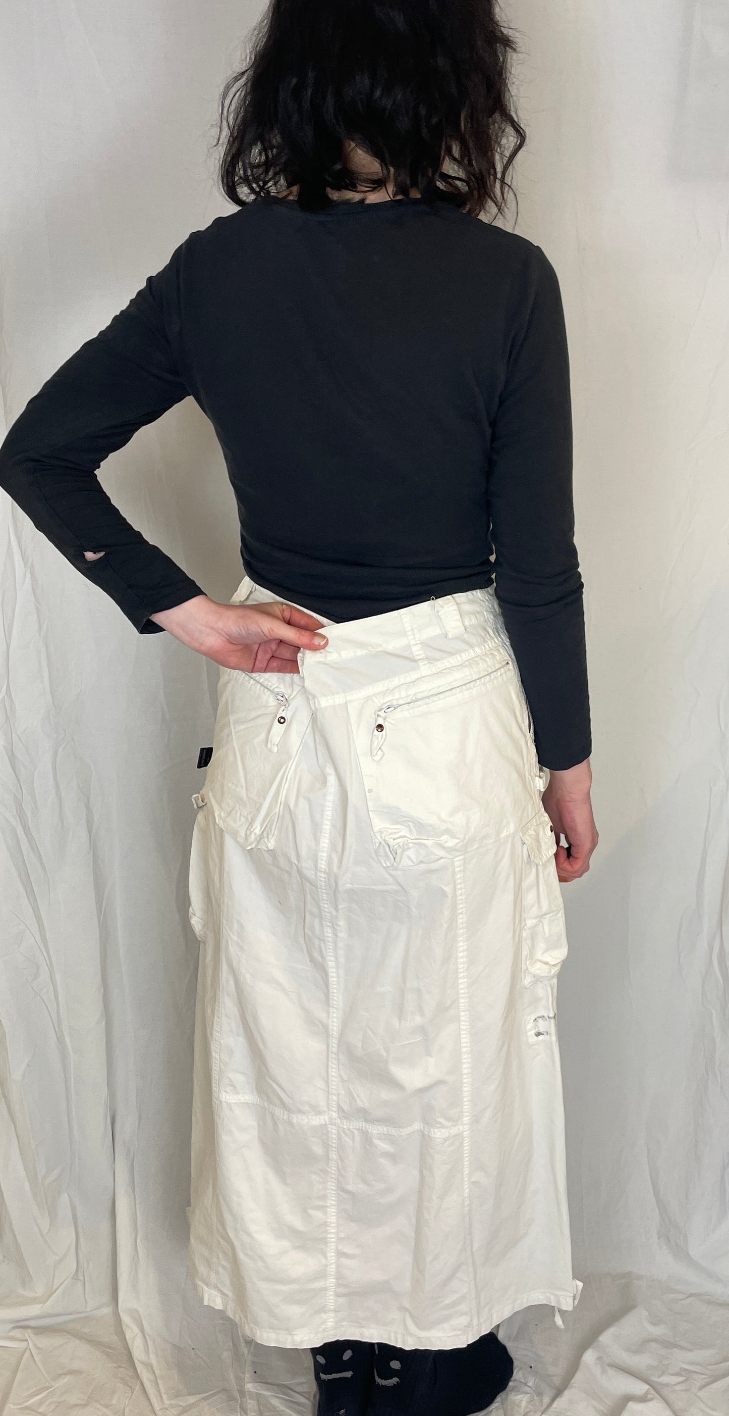 Vintage Y2K White Cotton Cargo Maxi Skirt - Size 14