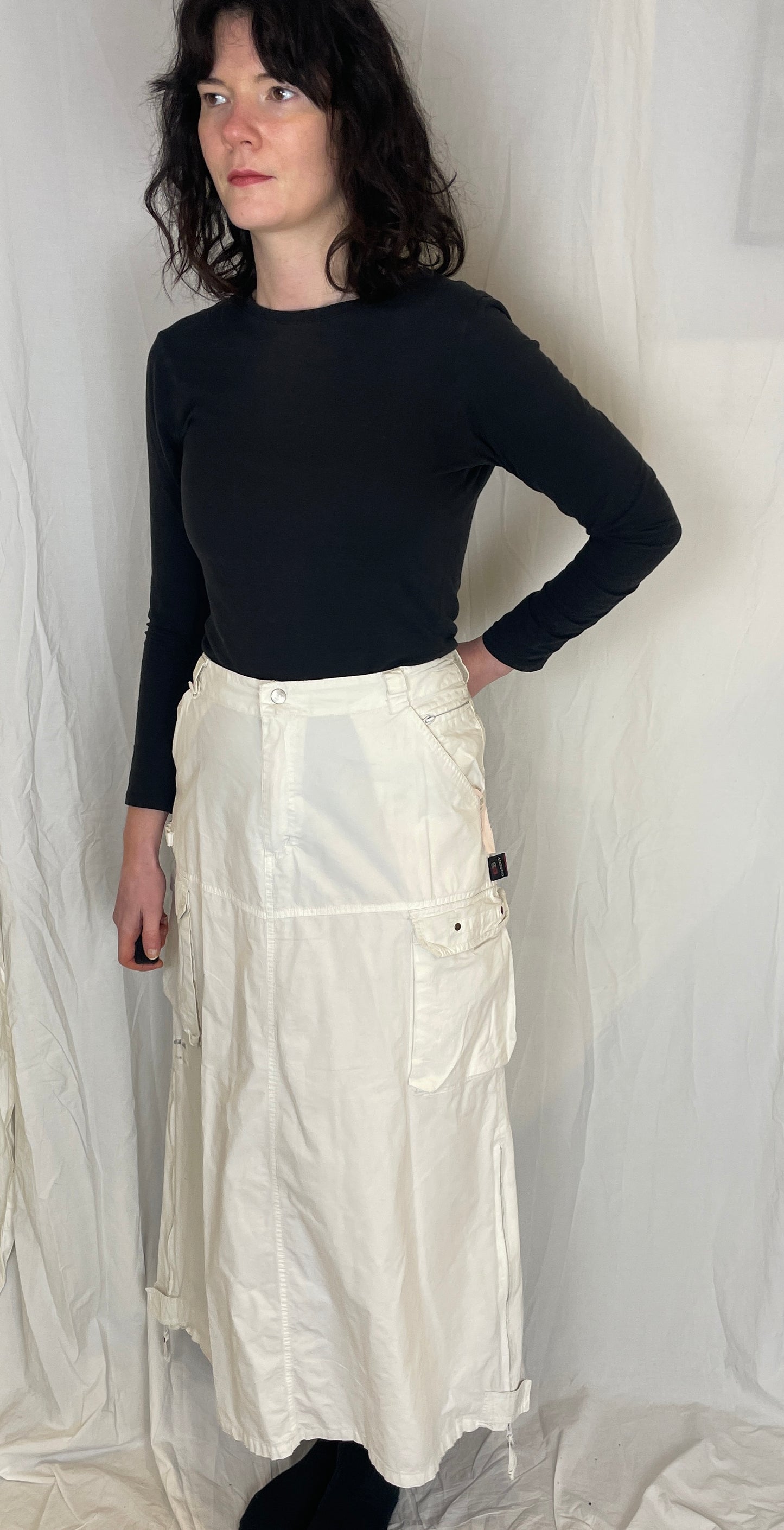 Vintage Y2K White Cotton Cargo Maxi Skirt - Size 14