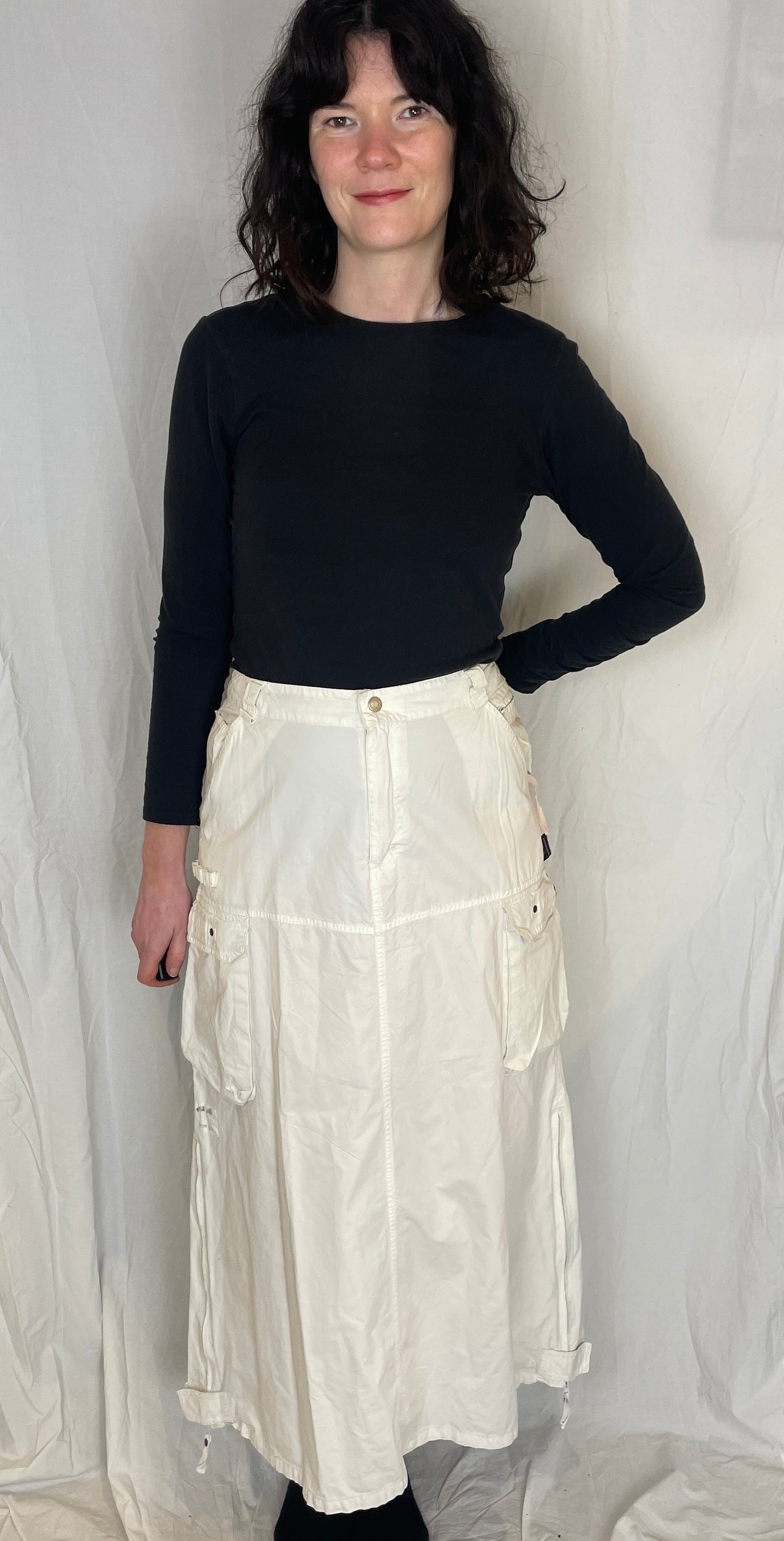 Vintage Y2K White Cotton Cargo Maxi Skirt - Size 14