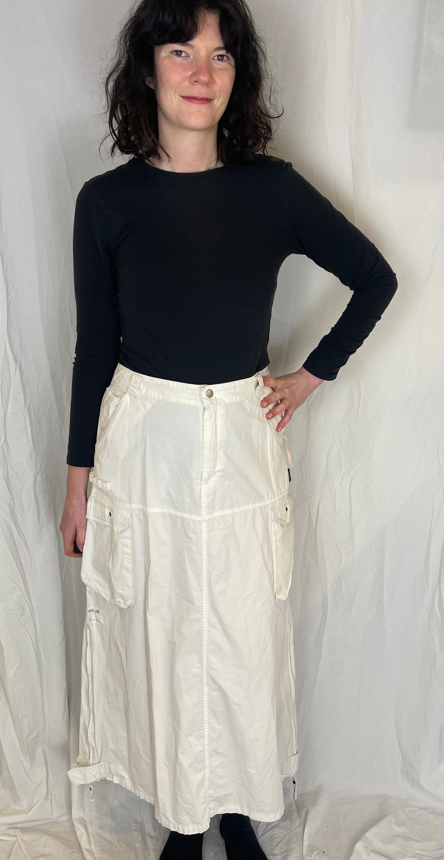 Vintage Y2K White Cotton Cargo Maxi Skirt - Size 14