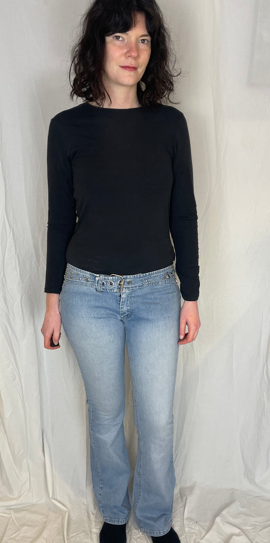 Vintage Y2K Pale Blue Star Studded Flared Denim Jeans - Size 8