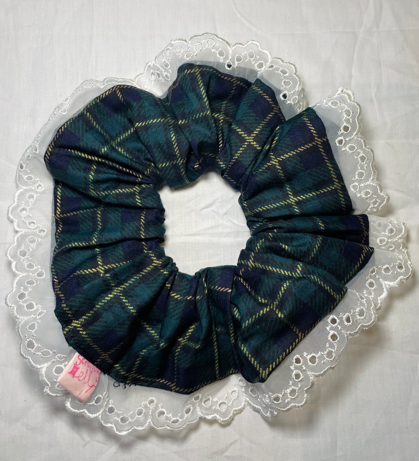 Handmade Tartan Giant Scunchie with White Lace Trim