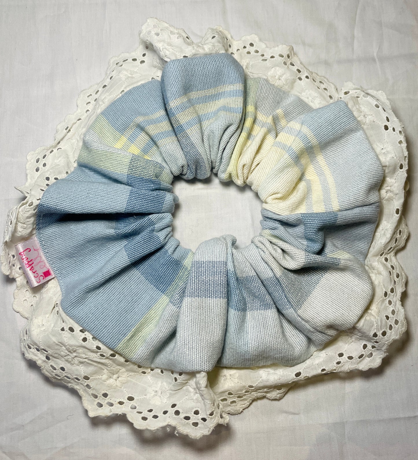 Handmade Blue Check Giant Scrunchie with Broderie Anglais Trim
