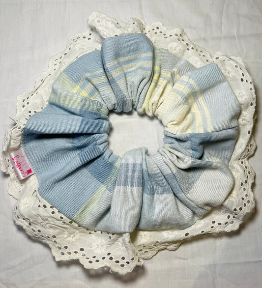 Handmade Blue Check Giant Scrunchie with Broderie Anglais Trim