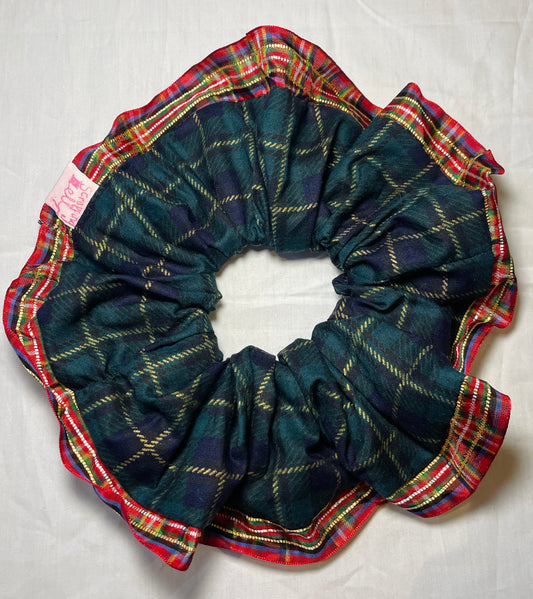 Handmade Green Tartan Giant Scrunchie with Red Tartan Trim
