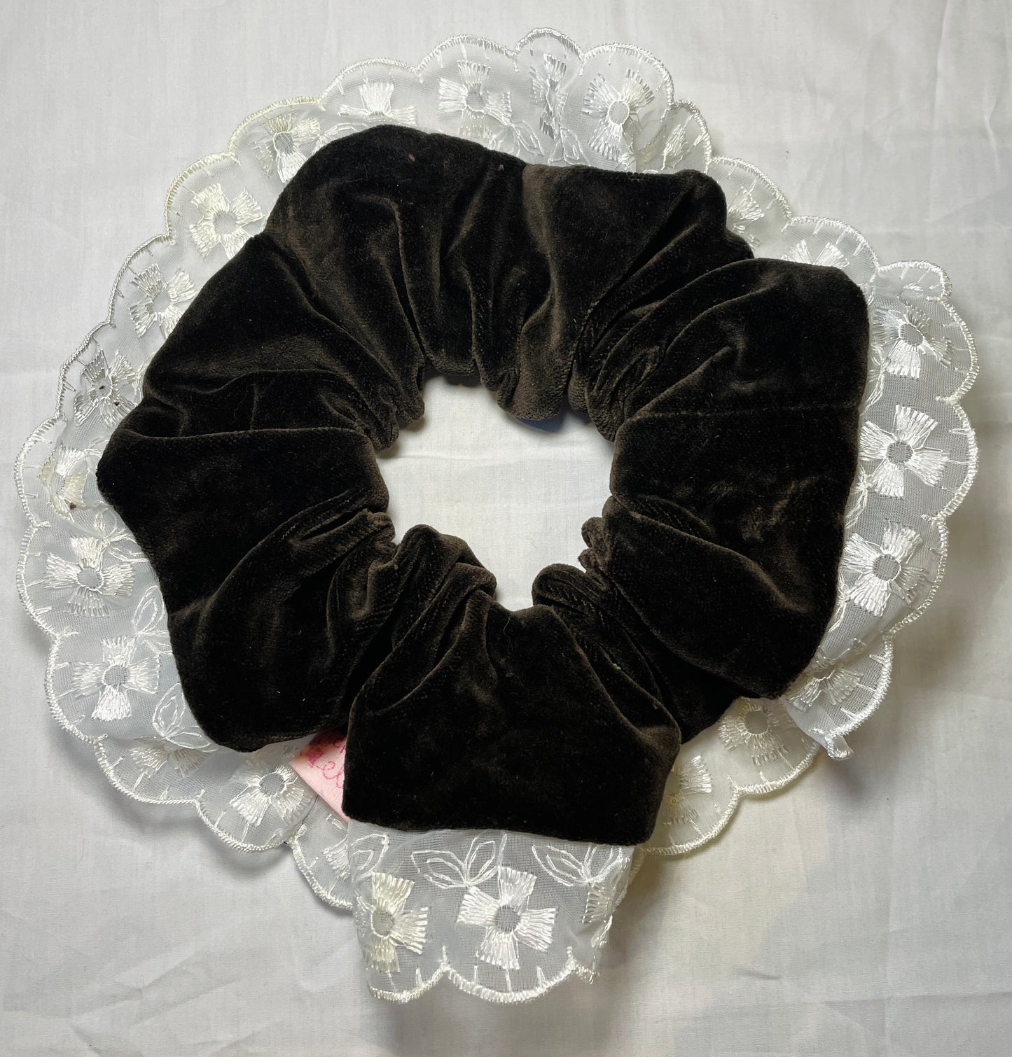 Handmade Brown Velvet Giant Scrunchie with White Lace Trim