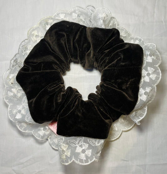 Handmade Brown Velvet Giant Scrunchie with White Lace Trim