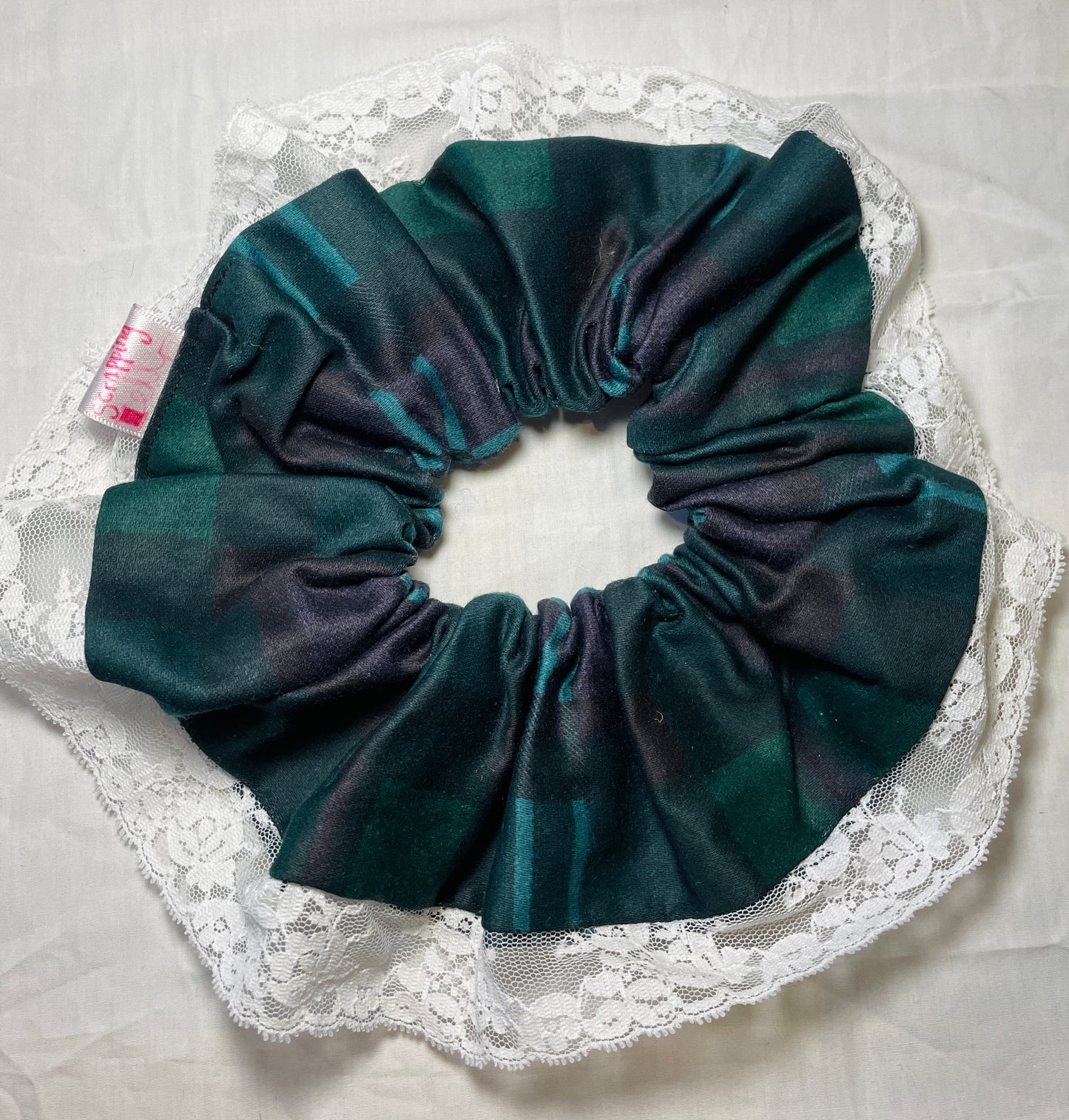 Handmade Green Tartan Giant Scrunchie with White Lace Trim