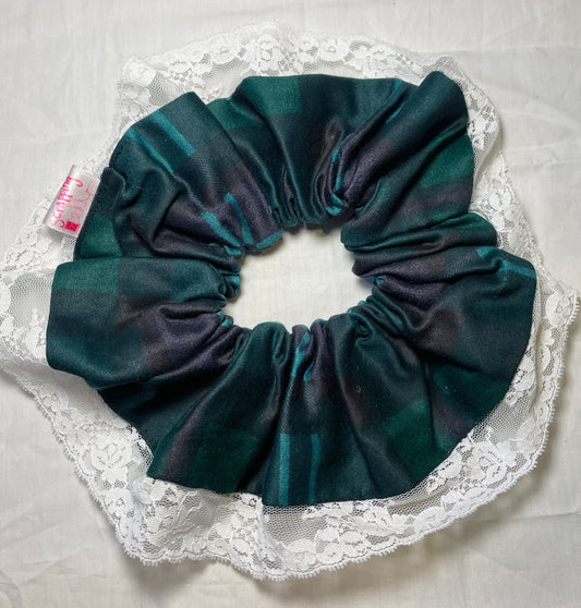Handmade Green Tartan Giant Scrunchie with White Lace Trim