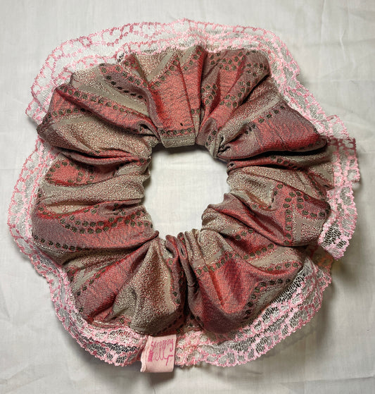 Handmade Pink Silk Scrunchie with Pink Lace Trim