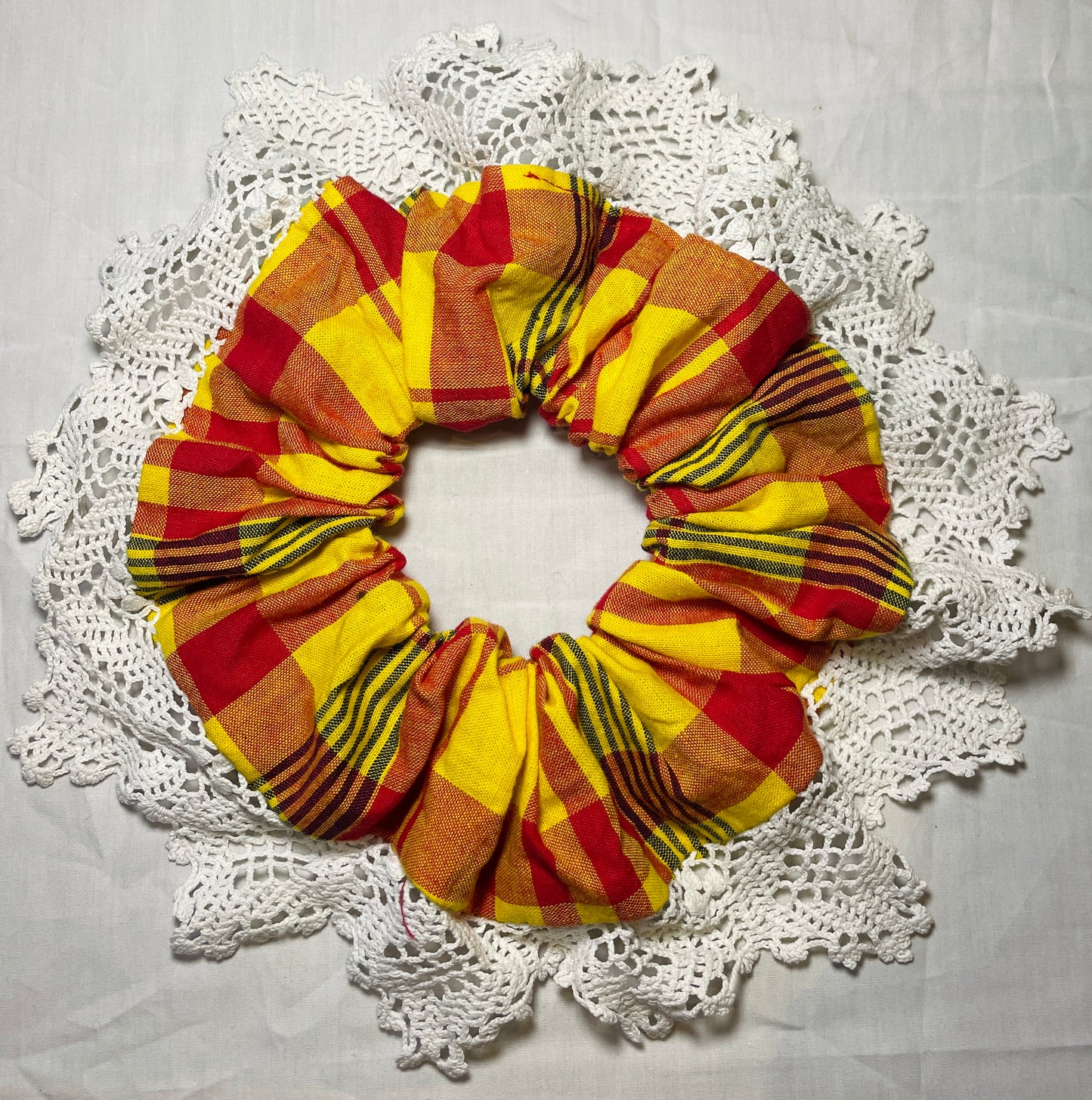 Handmade Orange Check Giant Scrunchie with White Crochet Trim