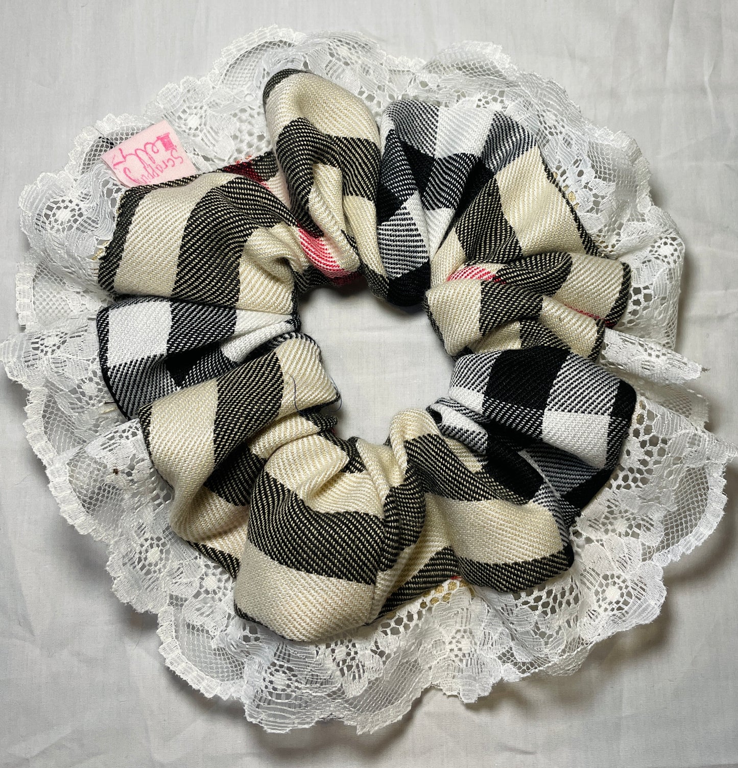 Handmade Beige Check Giant Scrunchie with White Lace Trim