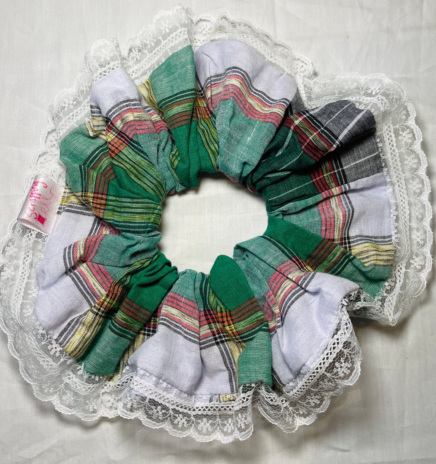 Handmade Green Check Linen Giant Scrunchie with White Lace Trim