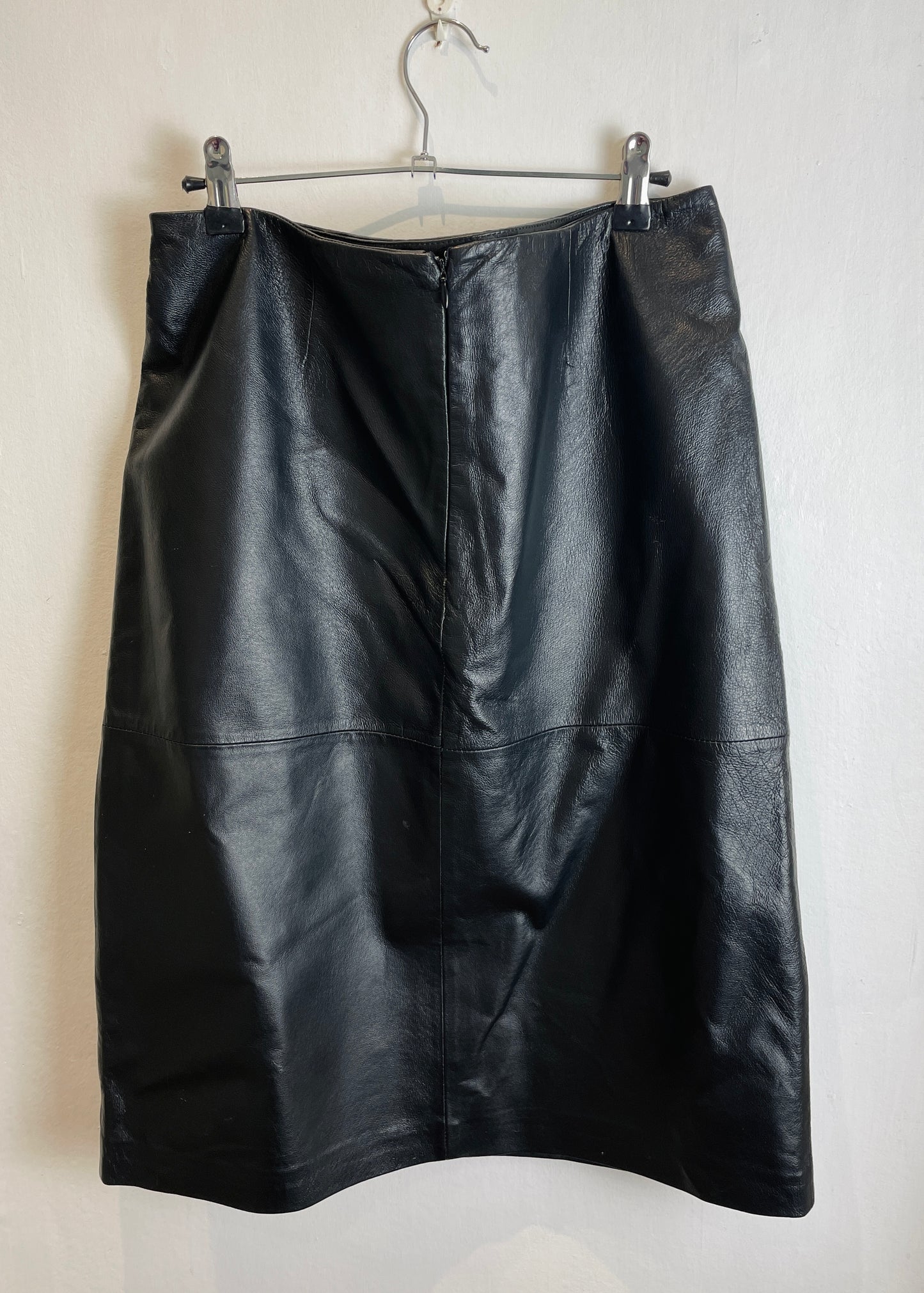 Vintage 90s Black Leather Midi Pencil Skirt - Size 14