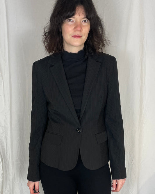 Vintage Y2K Black Pinstriped Fitted Blazer Jacket - Up To Size 10