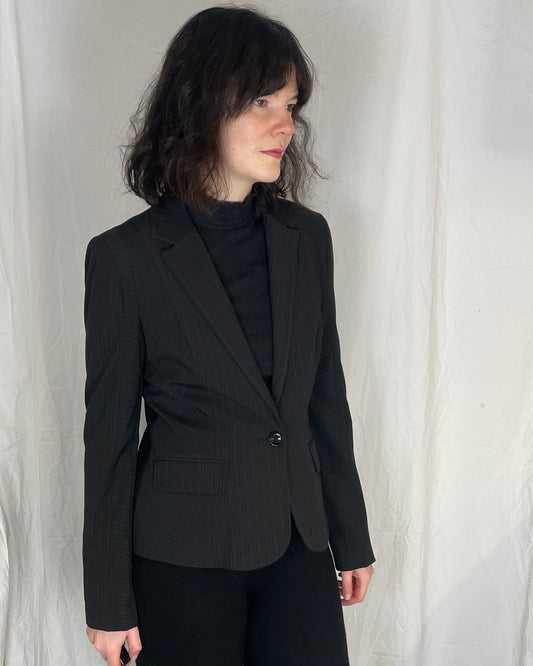 Vintage Y2K Black Pinstriped Fitted Blazer Jacket - Up To Size 10