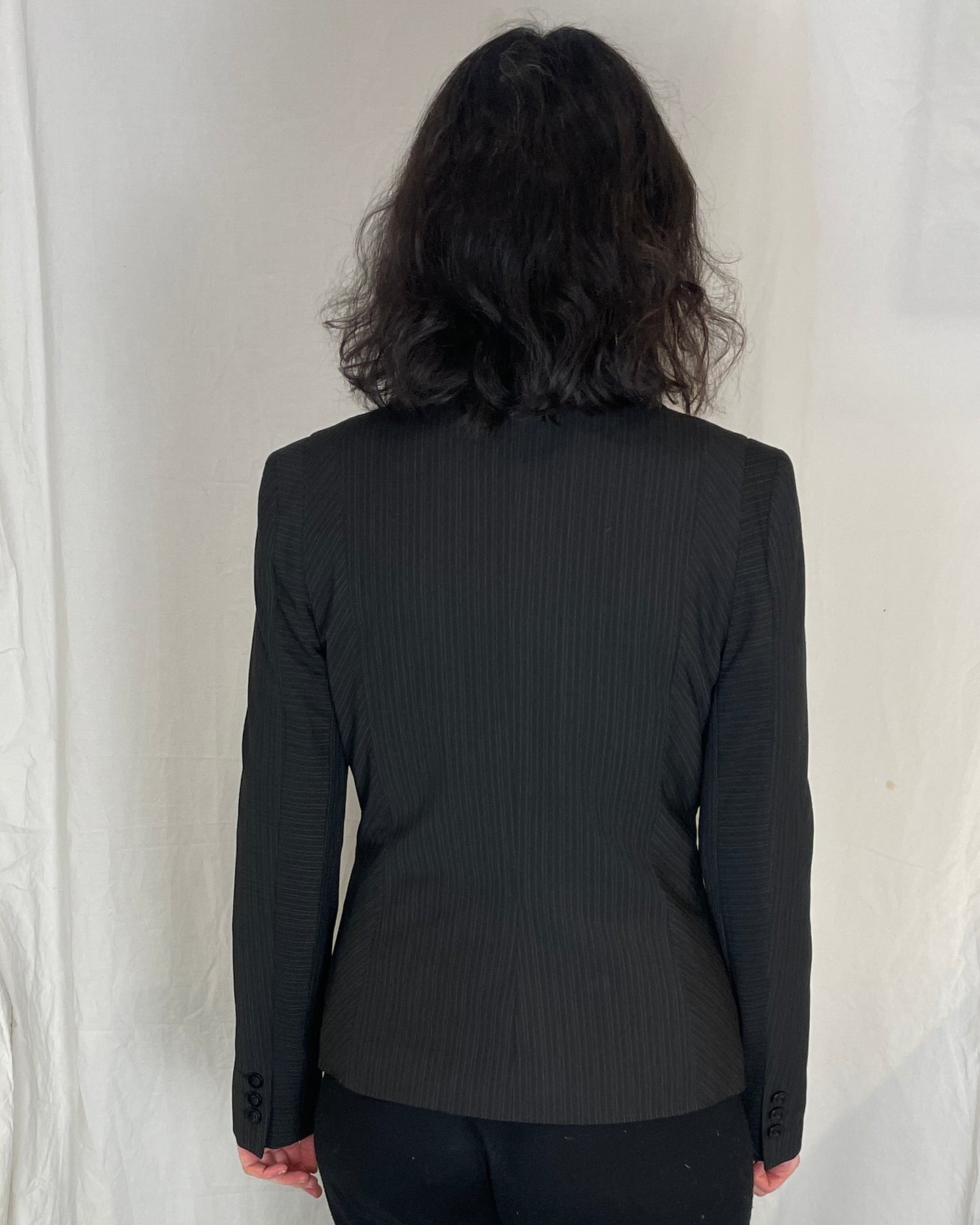 Vintage Y2K Black Pinstriped Fitted Blazer Jacket - Up To Size 10