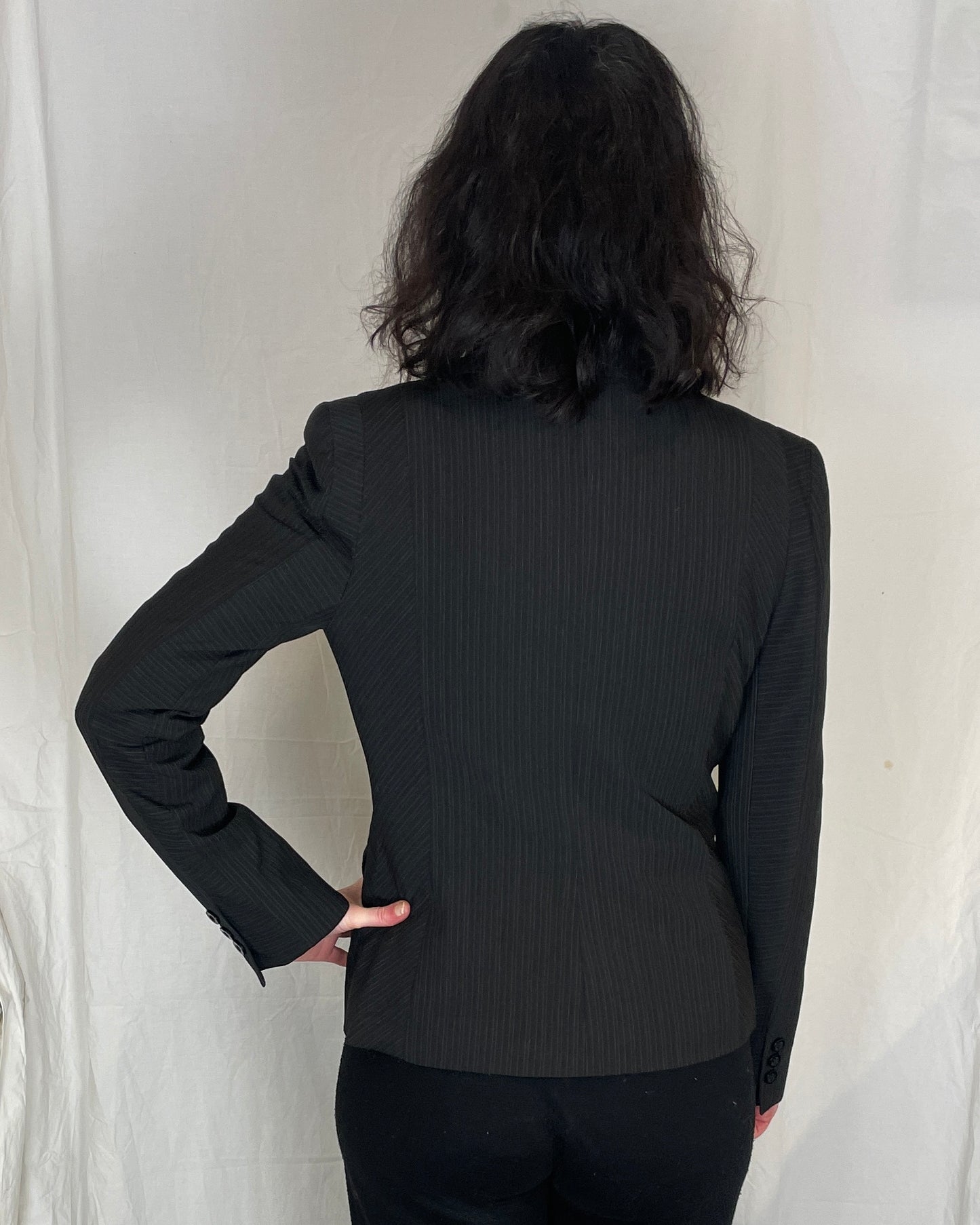 Vintage Y2K Black Pinstriped Fitted Blazer Jacket - Up To Size 10