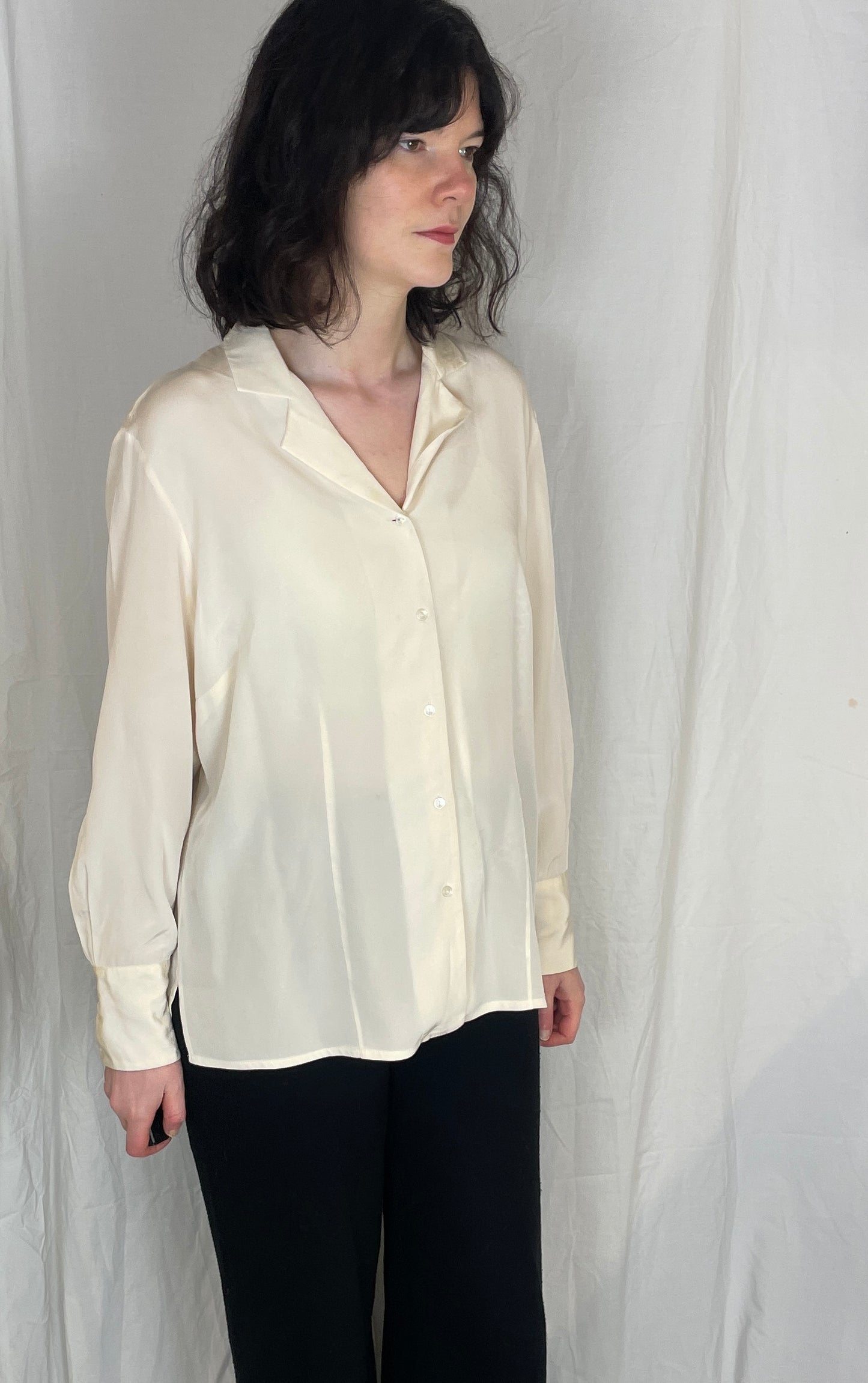 Vintage 90s Peter Hahn White Silk Revere Collar Shirt - Up To Size 14