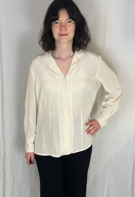 Vintage 90s Peter Hahn White Silk Revere Collar Shirt - Up To Size 14