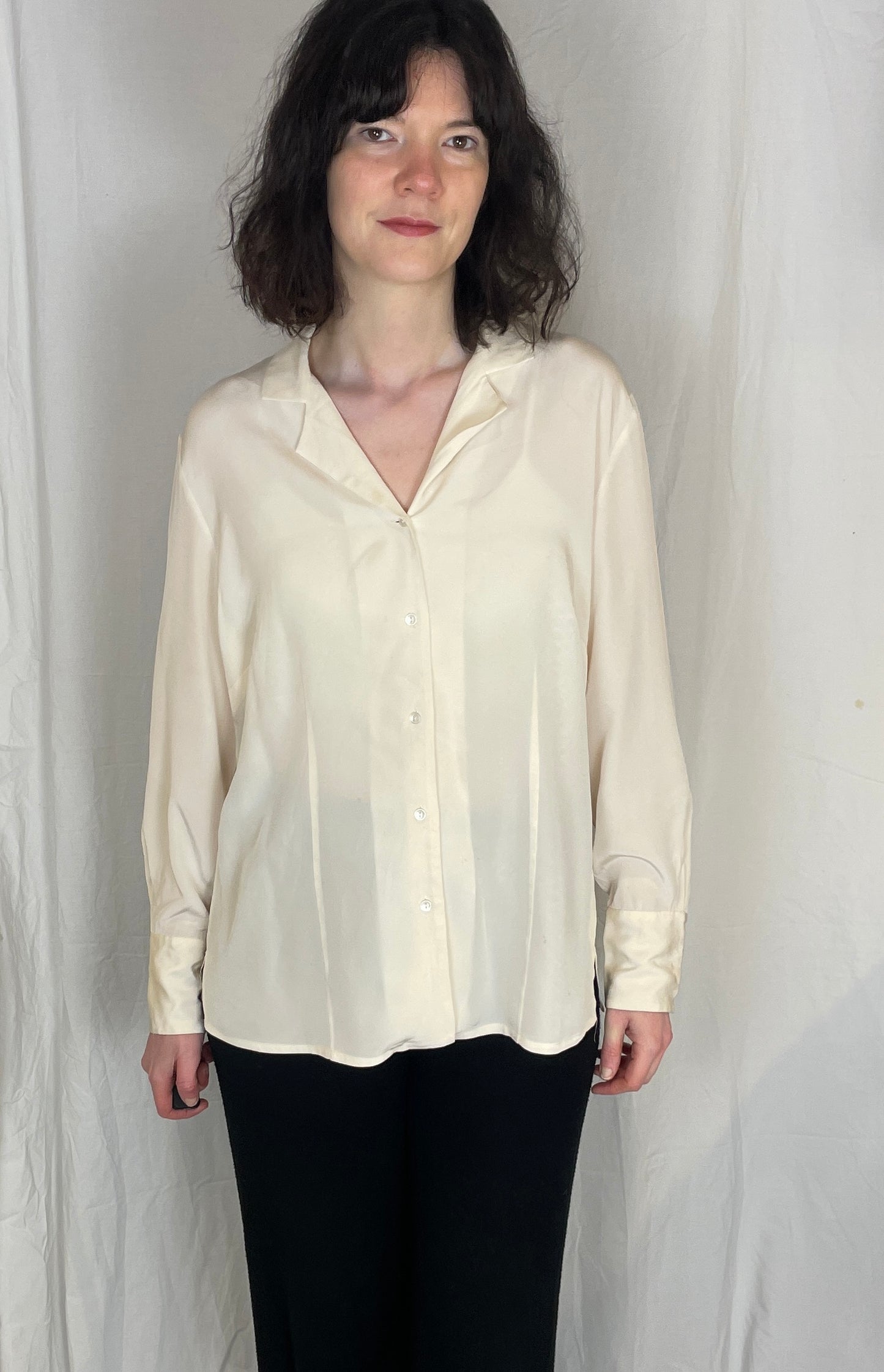 Vintage 90s Peter Hahn White Silk Revere Collar Shirt - Up To Size 14