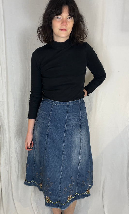Vintage 90s Blue Denim Midi Skirt with Floral Embroidered Hem - Size 16