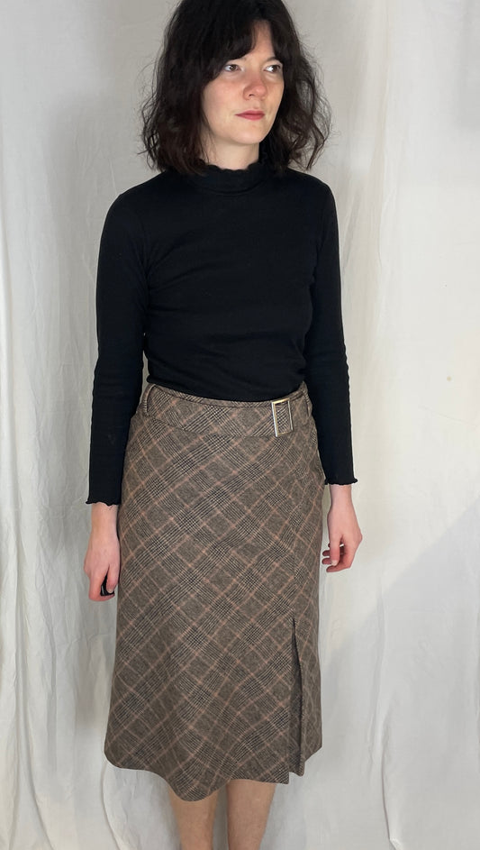 Vintage 90s Grey and Pink Checked Wool Blend Midi Skirt with Belt - Size 10