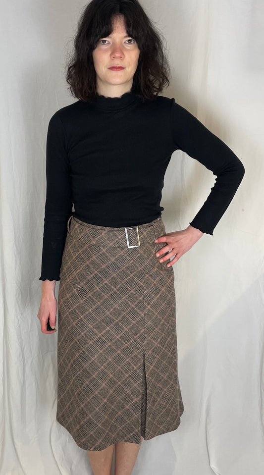 Vintage 90s Grey and Pink Checked Wool Blend Midi Skirt with Belt - Size 10