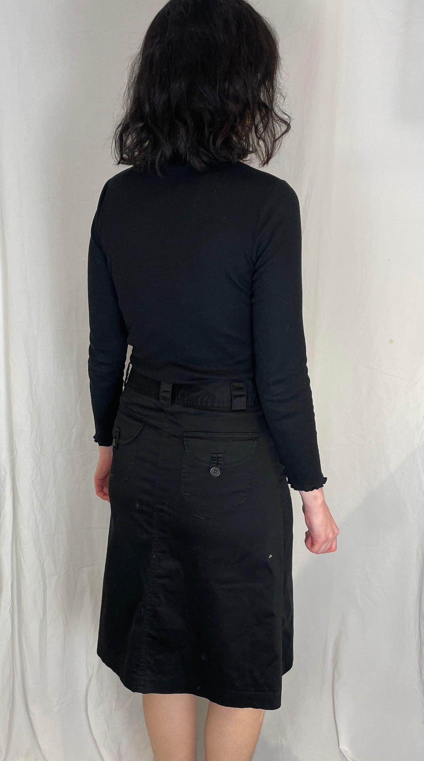 Vintage 90s Black Cotton Chino Midi Skirt - Size 10