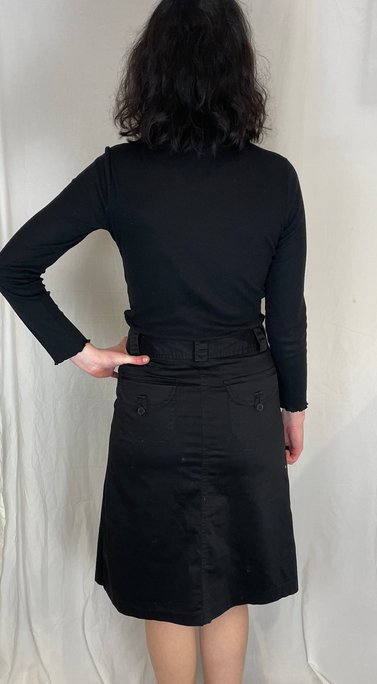 Vintage 90s Black Cotton Chino Midi Skirt - Size 10