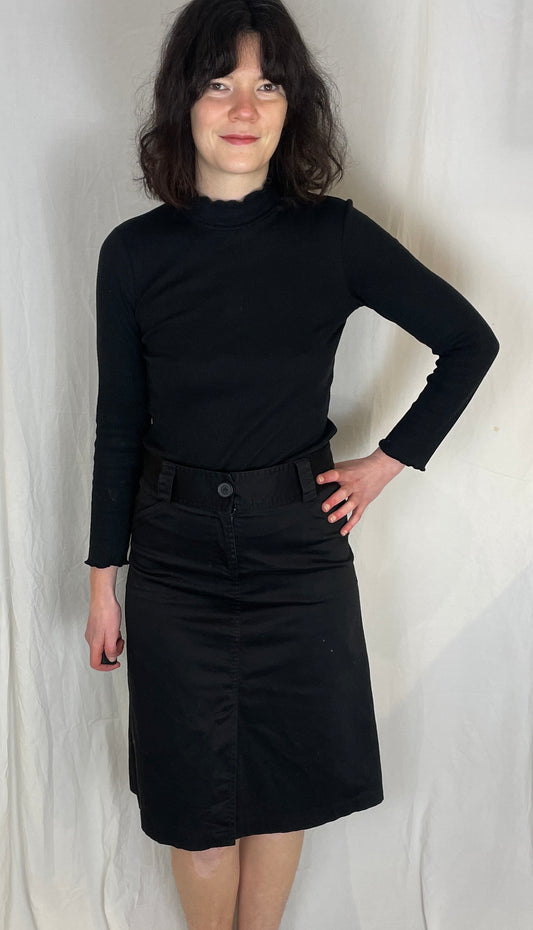 Vintage 90s Black Cotton Chino Midi Skirt - Size 10