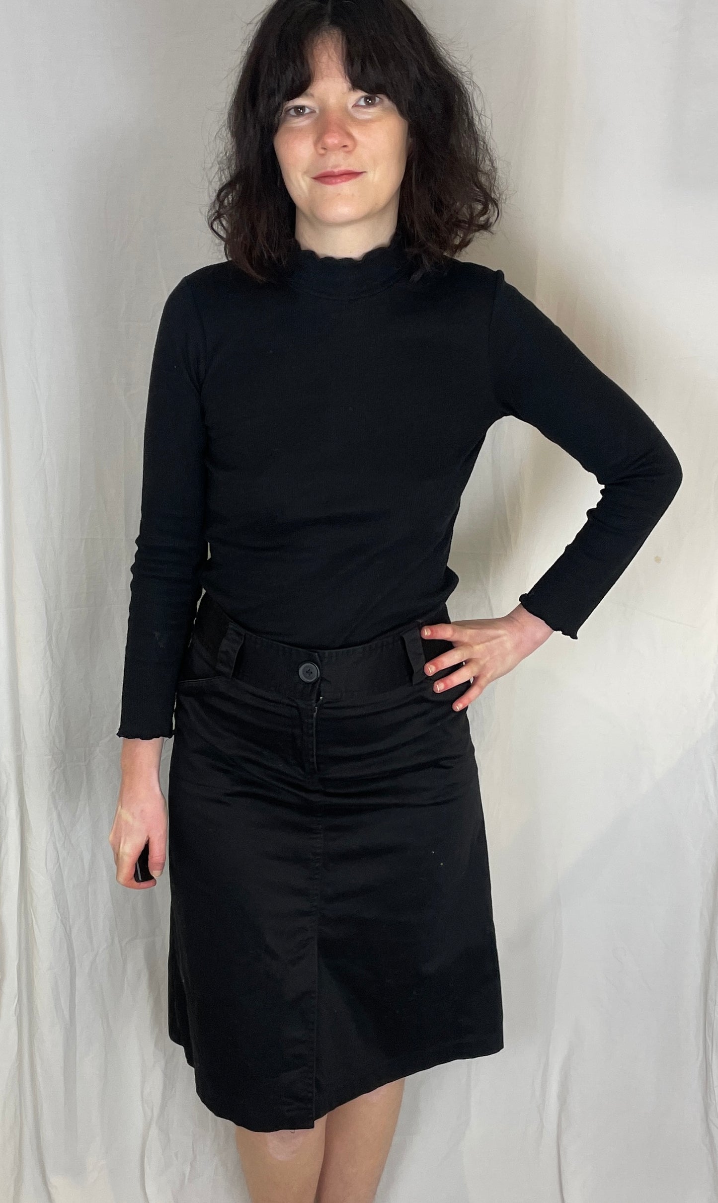 Vintage 90s Black Cotton Chino Midi Skirt - Size 10