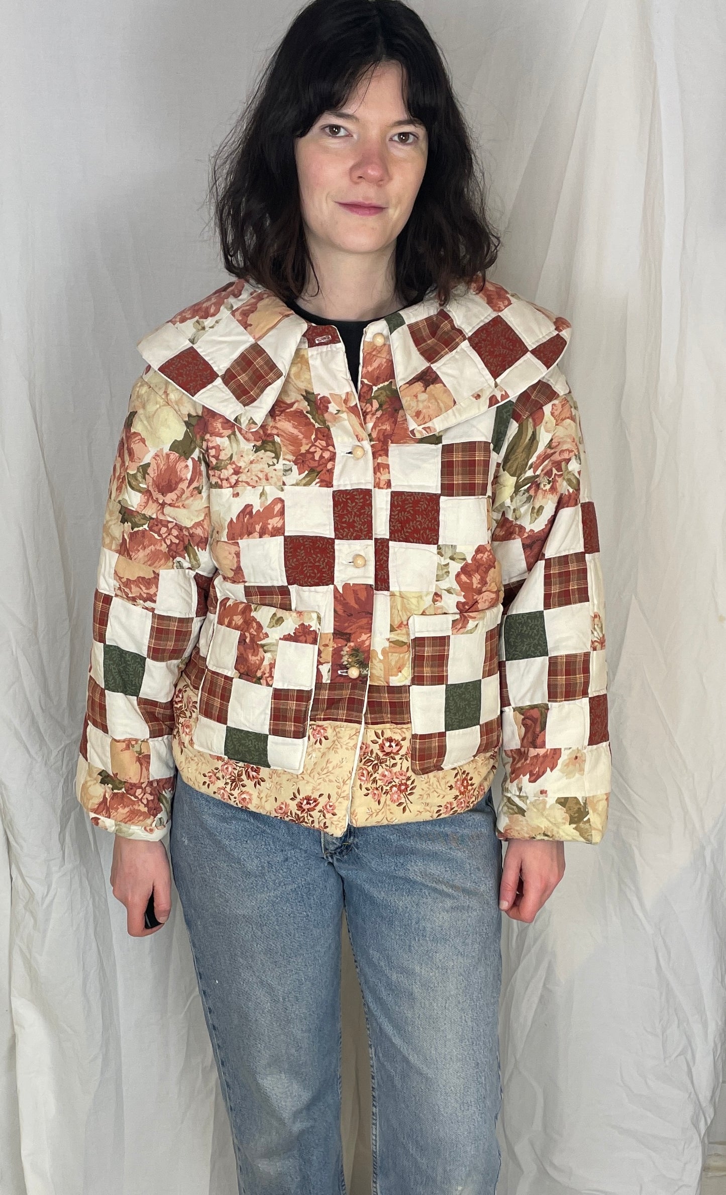 Penny Handmade Red Floral Patchwork Collared Quilted Jacket - Up To Size 12