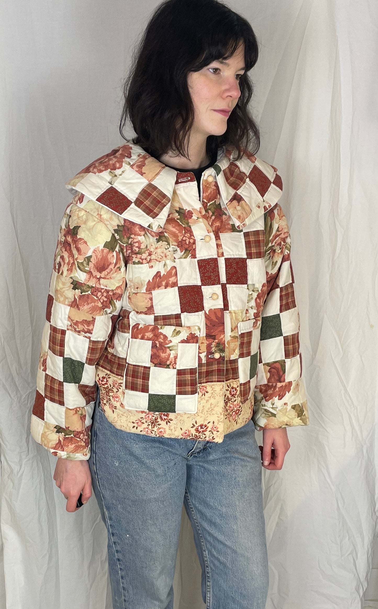 Penny Handmade Red Floral Patchwork Collared Quilted Jacket - Up To Size 12