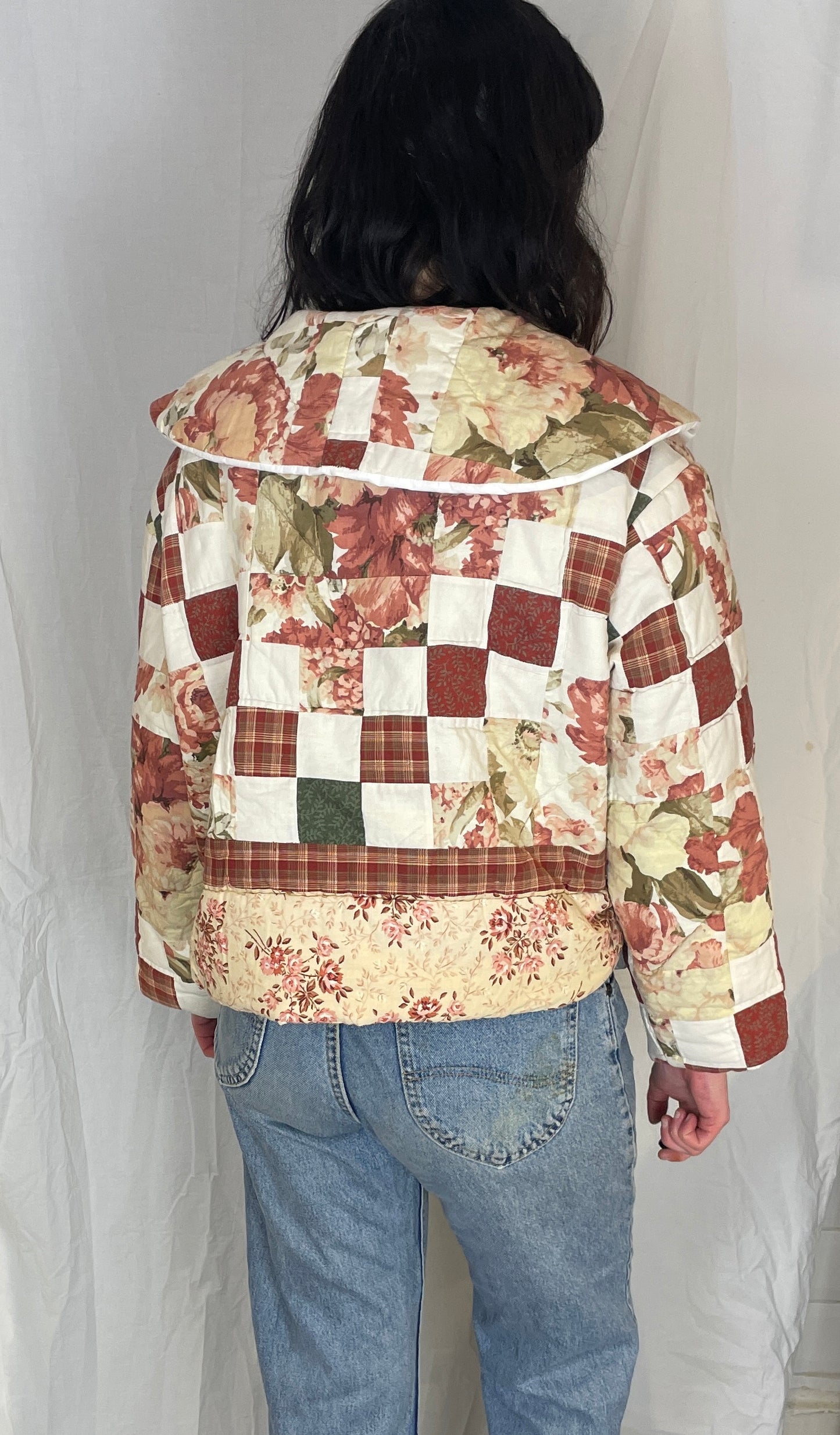 Penny Handmade Red Floral Patchwork Collared Quilted Jacket - Up To Size 12