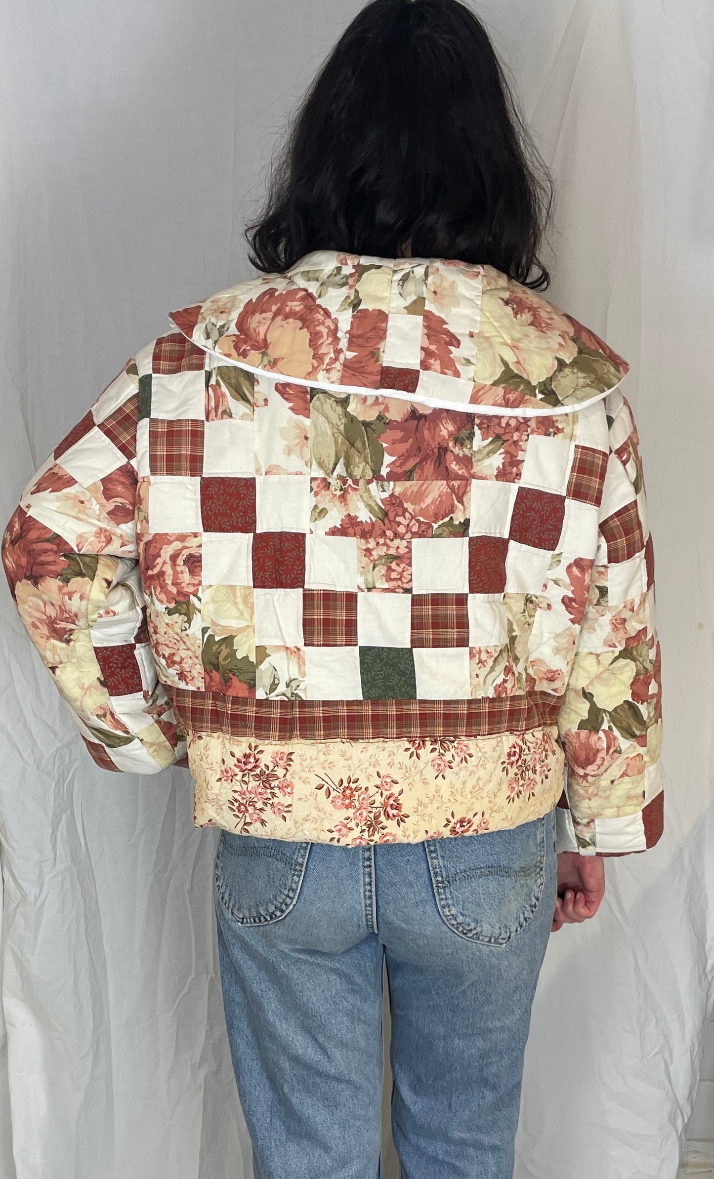 Penny Handmade Red Floral Patchwork Collared Quilted Jacket - Up To Size 12