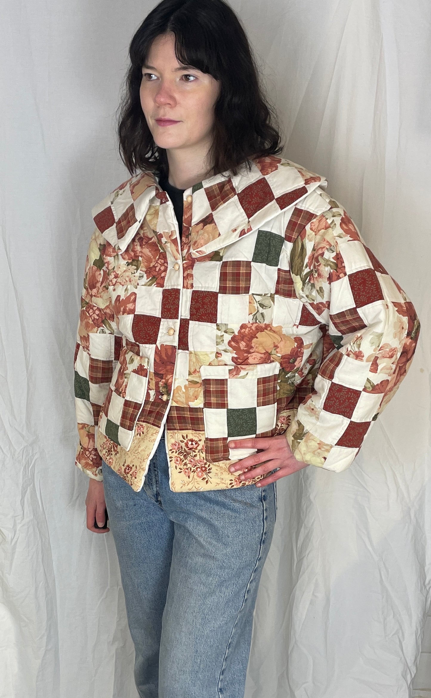 Penny Handmade Red Floral Patchwork Collared Quilted Jacket - Up To Size 12