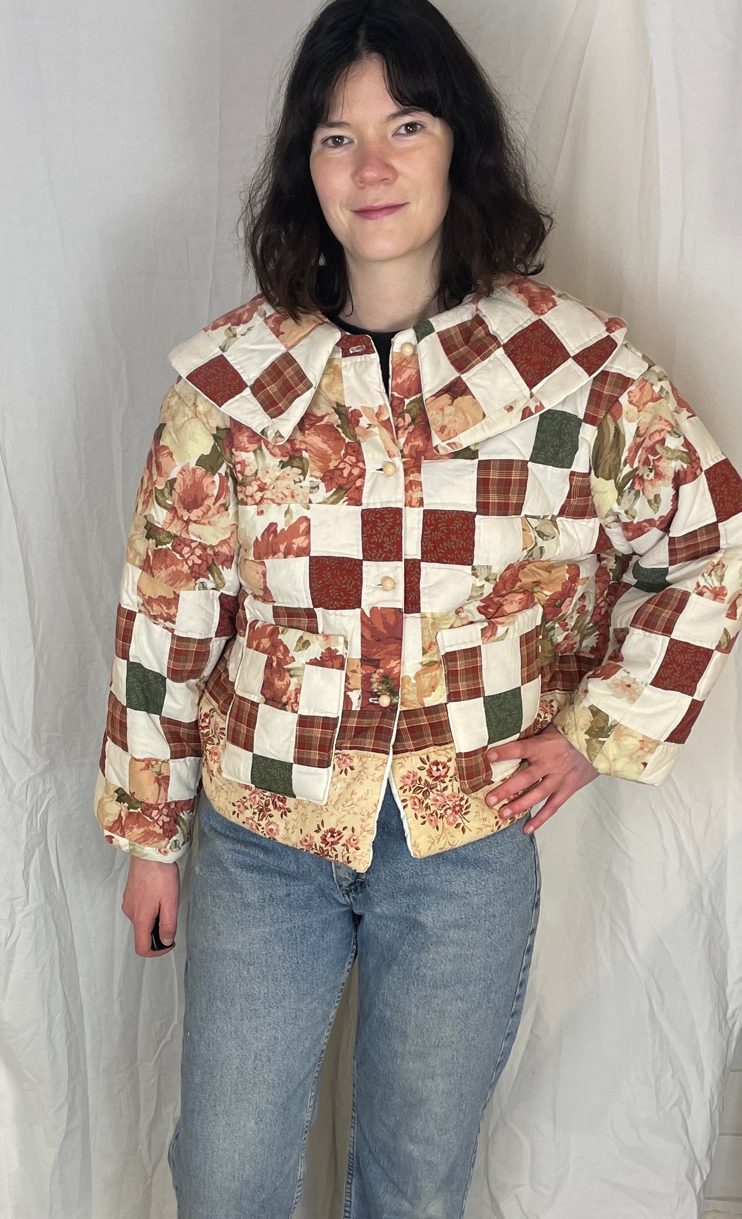 Penny Handmade Red Floral Patchwork Collared Quilted Jacket - Up To Size 12