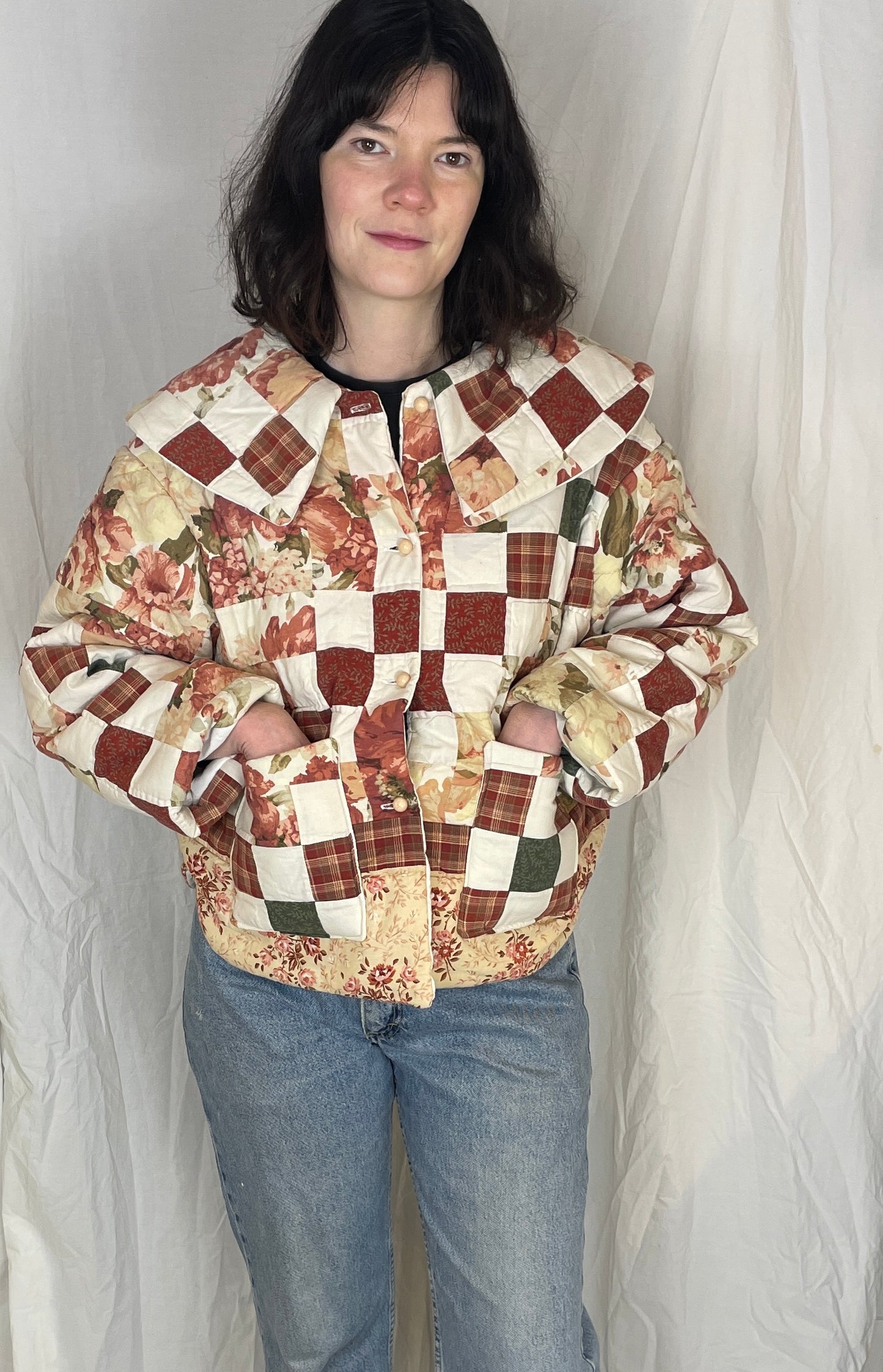Penny Handmade Red Floral Patchwork Collared Quilted Jacket - Up To Size 12
