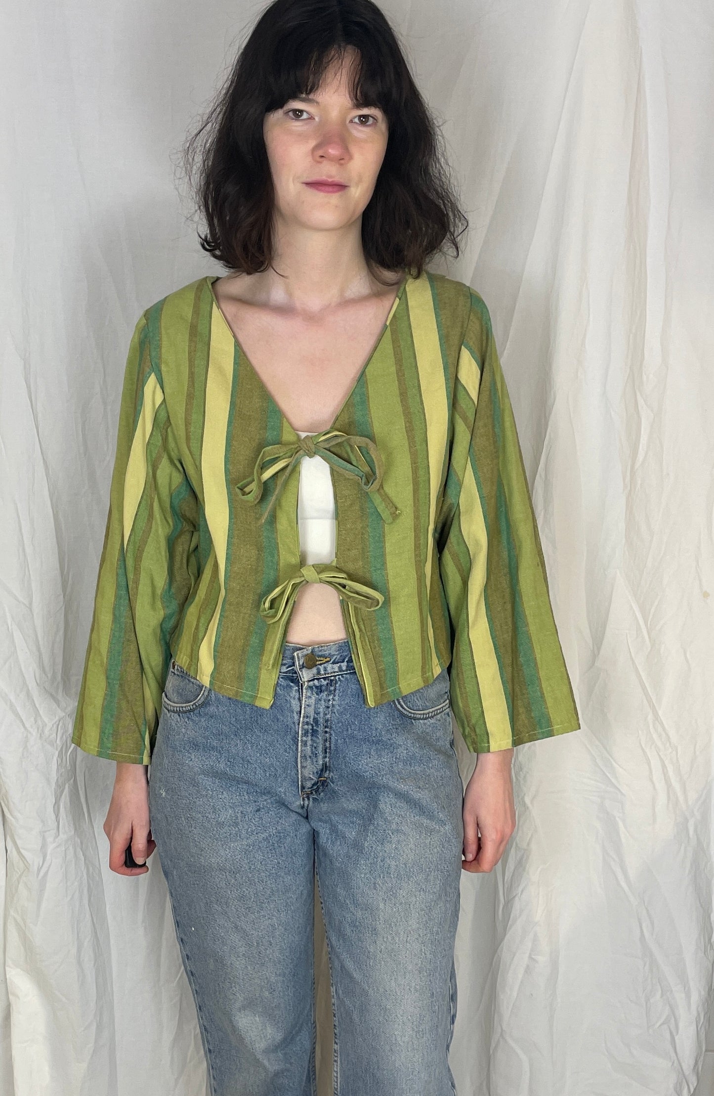 Ella Handmade Green Striped Tie Front Top - Up To Size 10