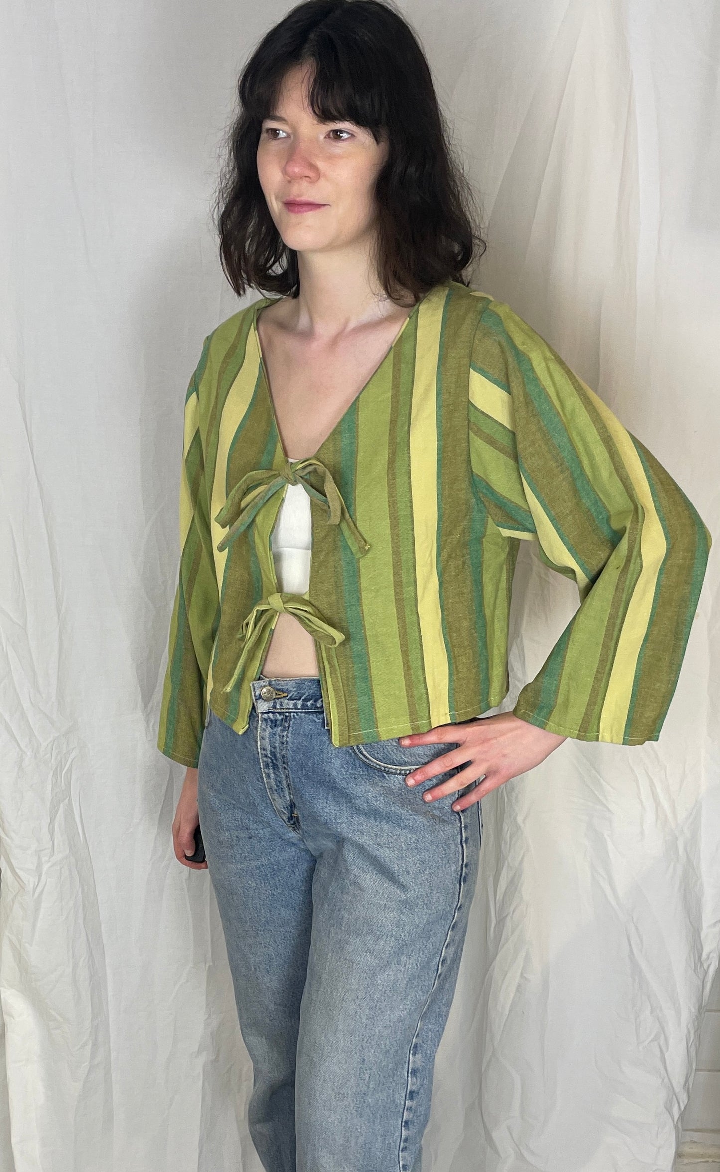 Ella Handmade Green Striped Tie Front Top - Up To Size 10