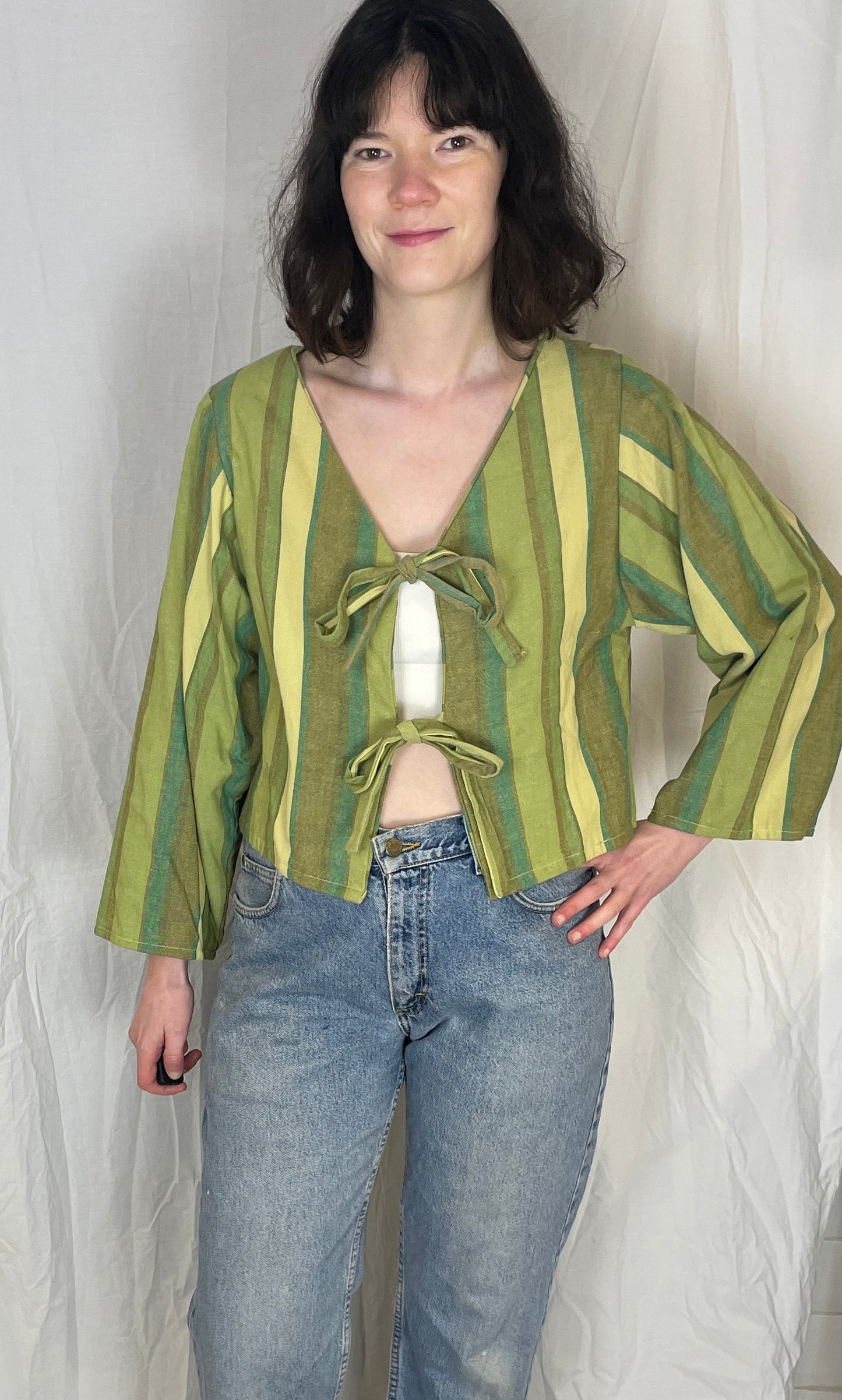 Ella Handmade Green Striped Tie Front Top - Up To Size 10