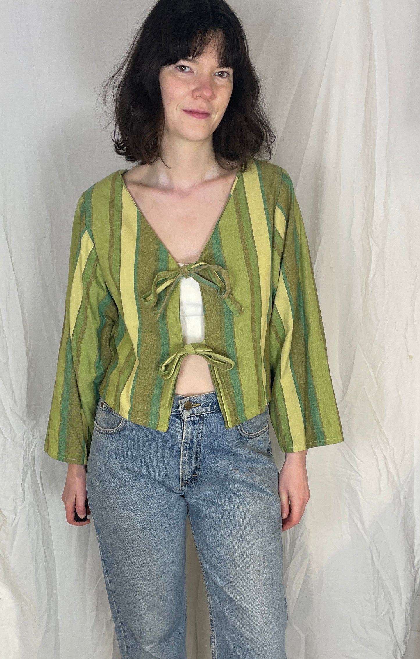 Ella Handmade Green Striped Tie Front Top - Up To Size 10