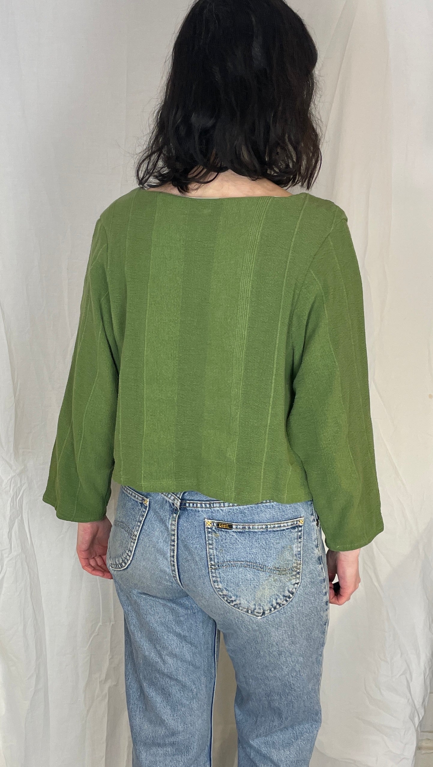 Ella Handmade Green Cotton Textured Striped Tie Front Top - Up To Size 12