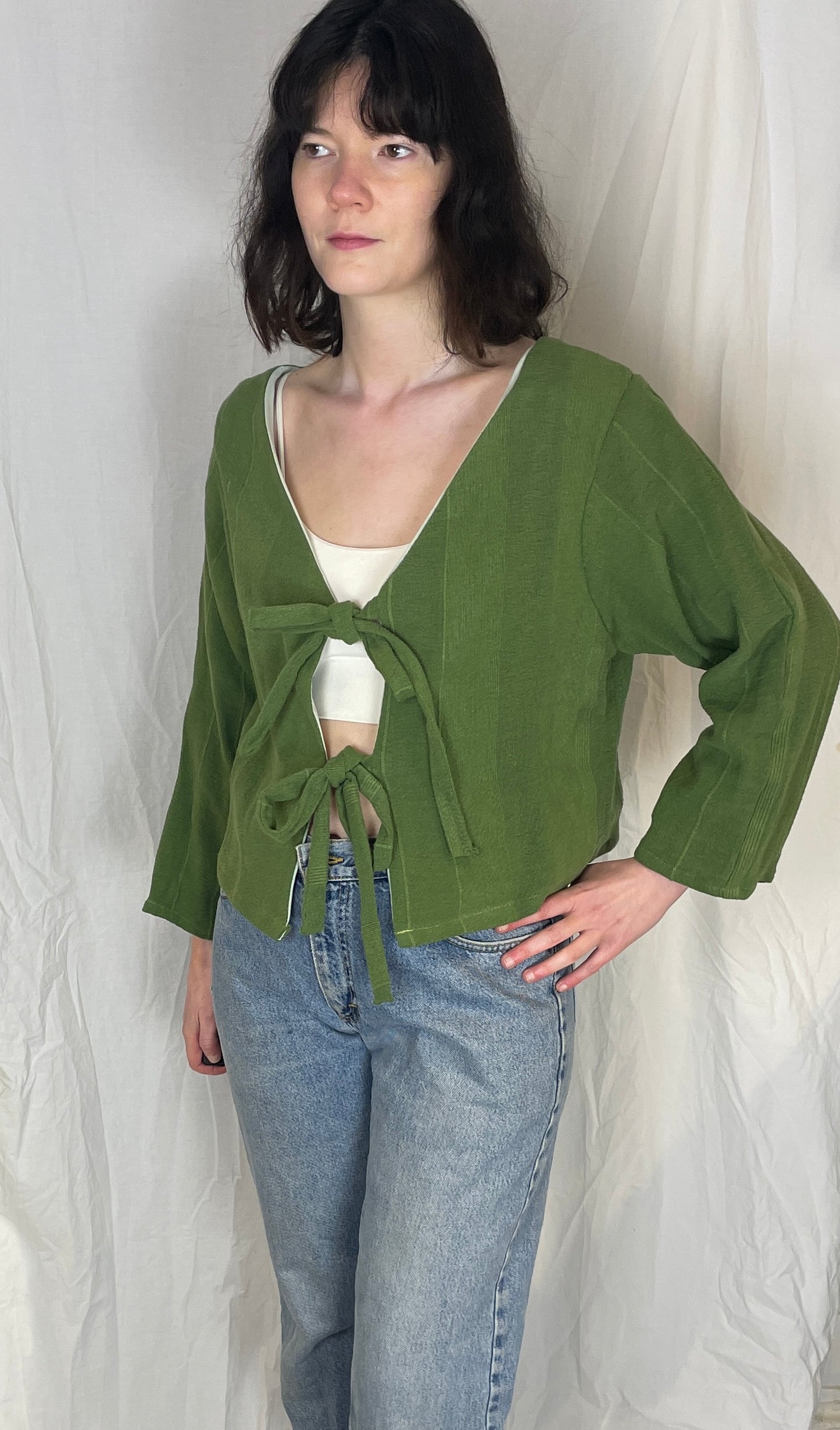 Ella Handmade Green Cotton Textured Striped Tie Front Top - Up To Size 12