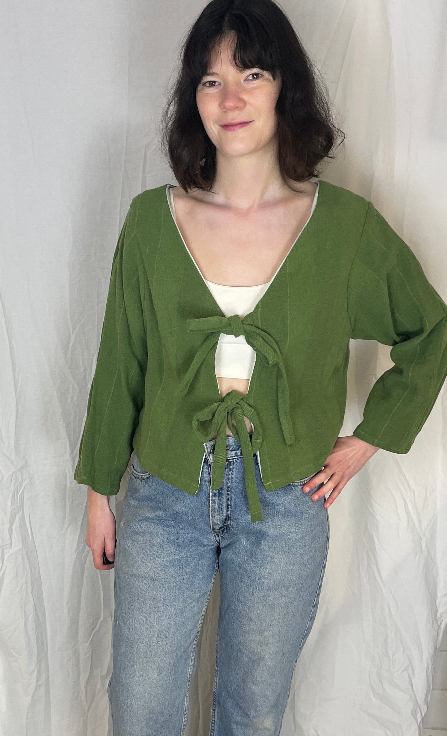 Ella Handmade Green Cotton Textured Striped Tie Front Top - Up To Size 12