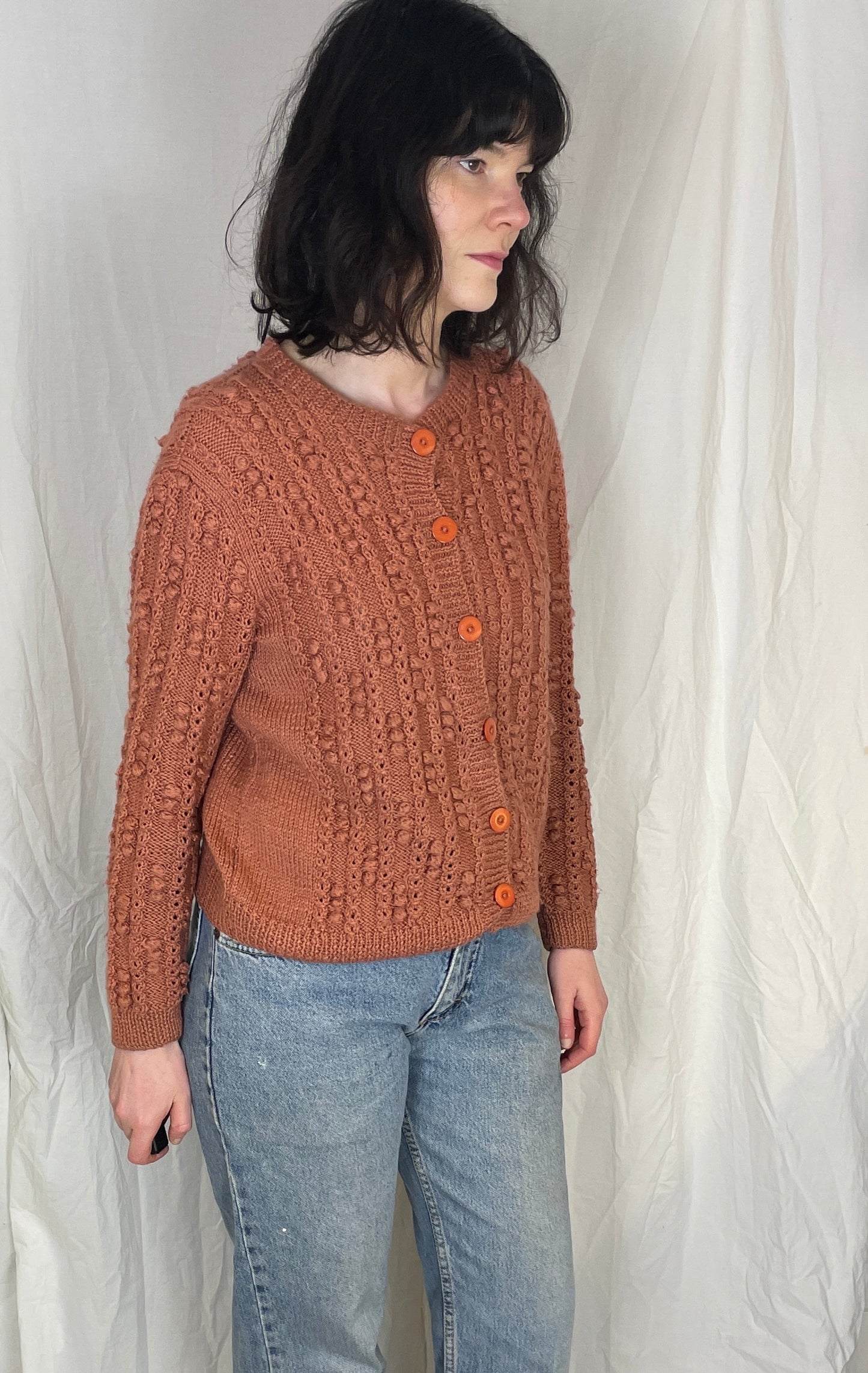 Vintage 90s Pink Wool Bobble Texture Handknit Cardigan - Up To Size 12